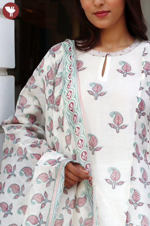 Chanderi Silk Kurta Pant And Dupatta Set In Block Print