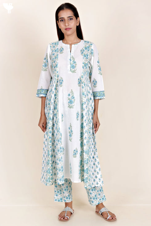 Cotton Kurta Pant And Dupatta Set In Block Print