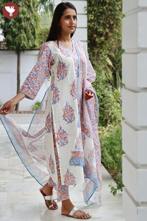 Cotton Kurta Pant And Dupatta Set In Block Print
