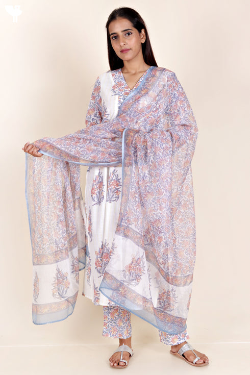 Cotton Kurta Pant And Dupatta Set In Block Print