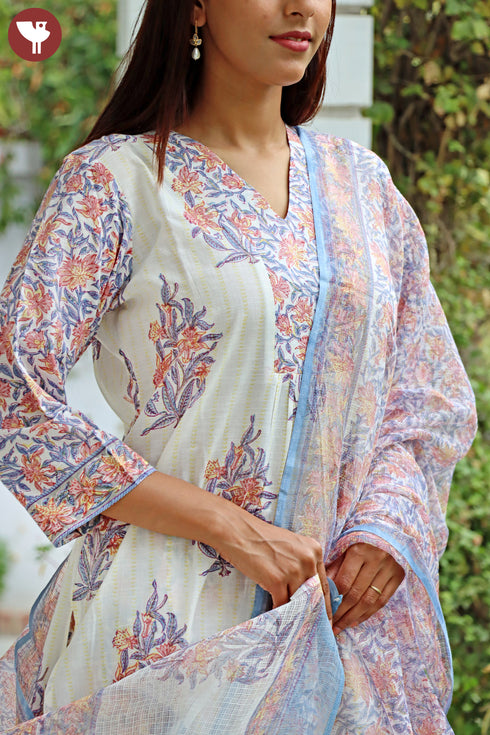 Cotton Kurta Pant And Dupatta Set In Block Print