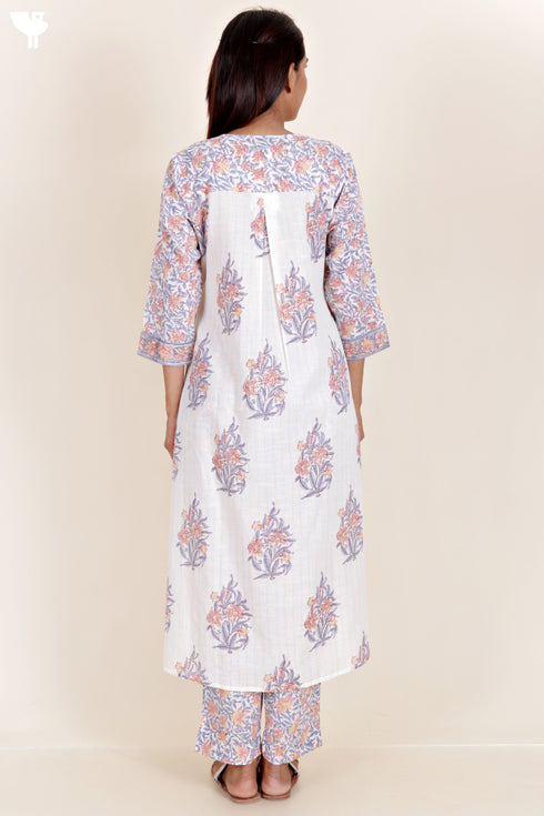 Cotton Kurta Pant And Dupatta Set In Block Print