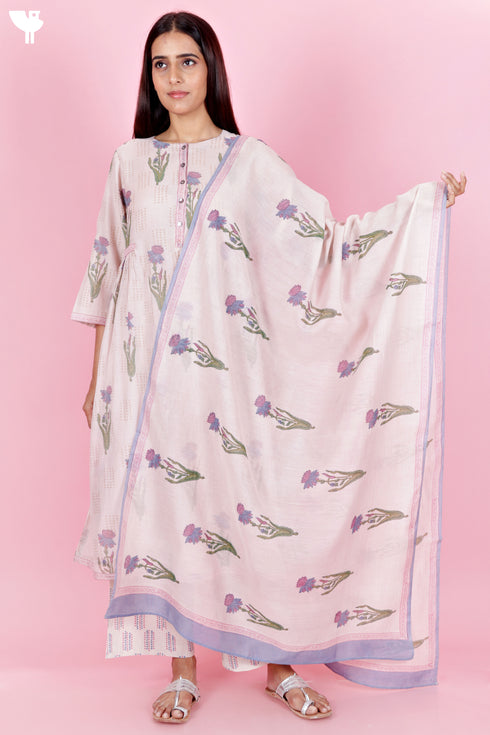Chanderi Silk Kurta Pant And Dupatta Set In Block Print