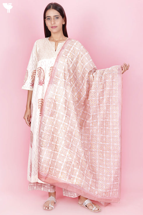 Jacquard Cotton Kurta Pant And Silk Dupatta Set In Block Print