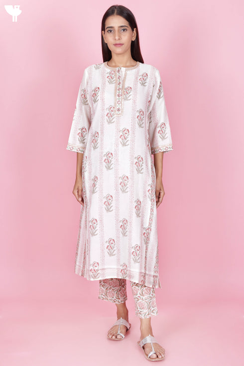 Chanderi Silk Kurta Pant And Dupatta Set In Block Print