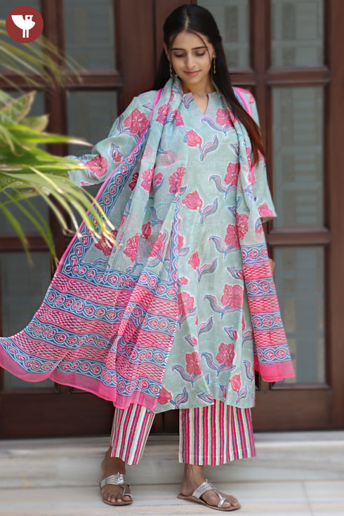 Kota Doria Kurta Pant Set With Dupatta In Block Print