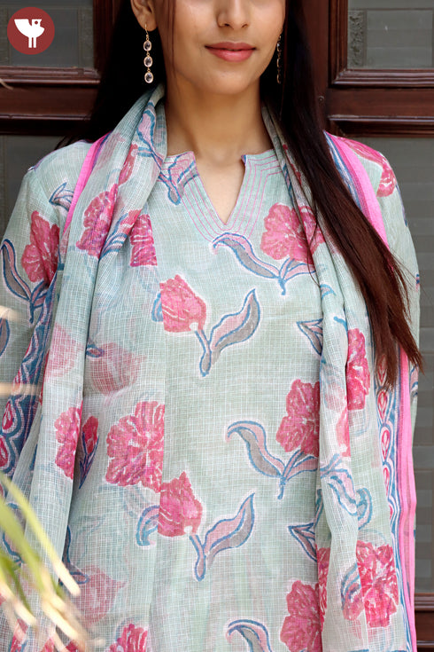 Kota Doria Kurta Pant Set With Dupatta In Block Print