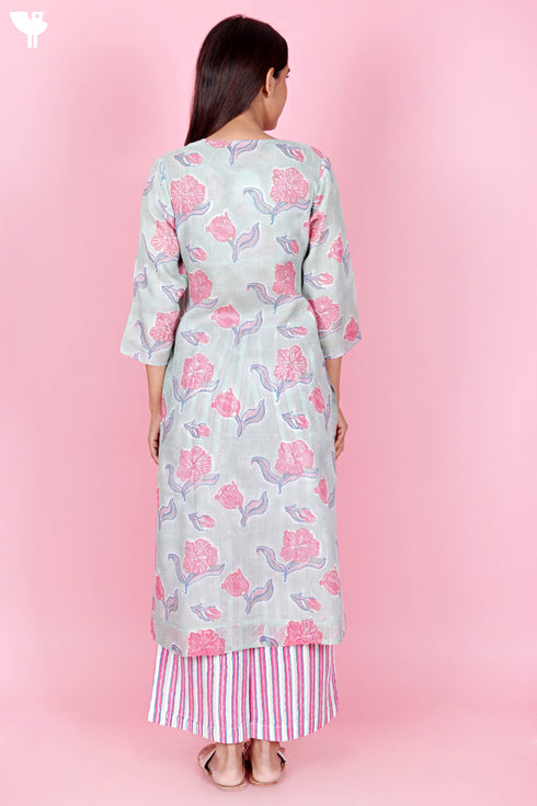 Kota Doria Kurta Pant Set With Dupatta In Block Print