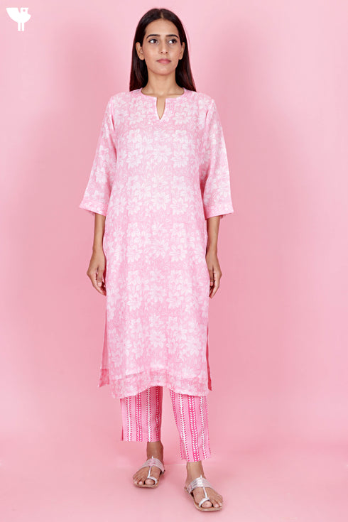 Kota Doria Kurta Pant Set With Dupatta In Block Print