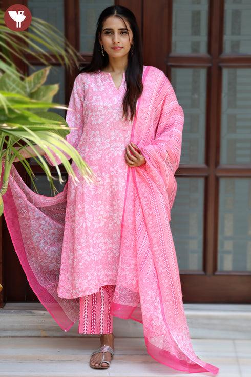 Kota Doria Kurta Pant Set With Dupatta In Block Print