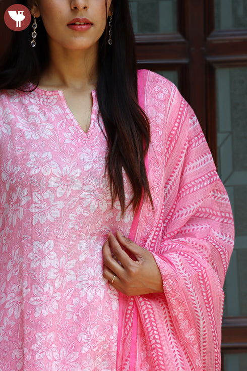 Kota Doria Kurta Pant Set With Dupatta In Block Print