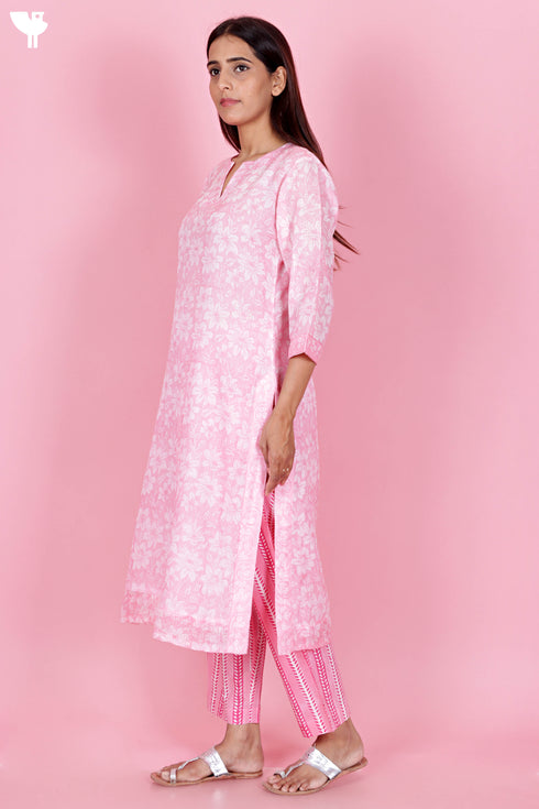 Kota Doria Kurta Pant Set With Dupatta In Block Print