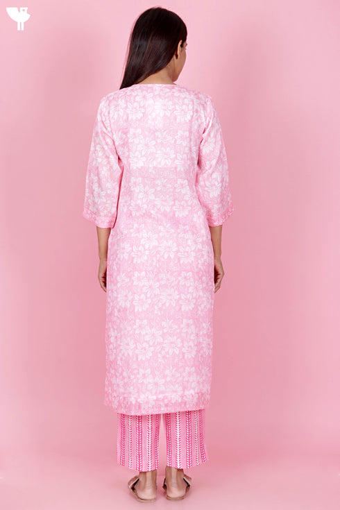 Kota Doria Kurta Pant Set With Dupatta In Block Print