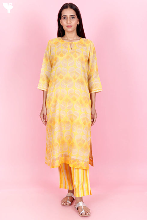 Kota Doria Kurta Pant Set With Dupatta In Block Print