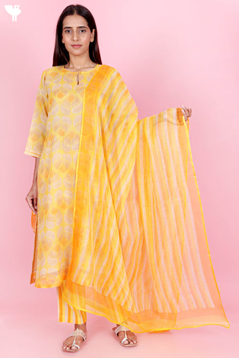 Kota Doria Kurta Pant Set With Dupatta In Block Print