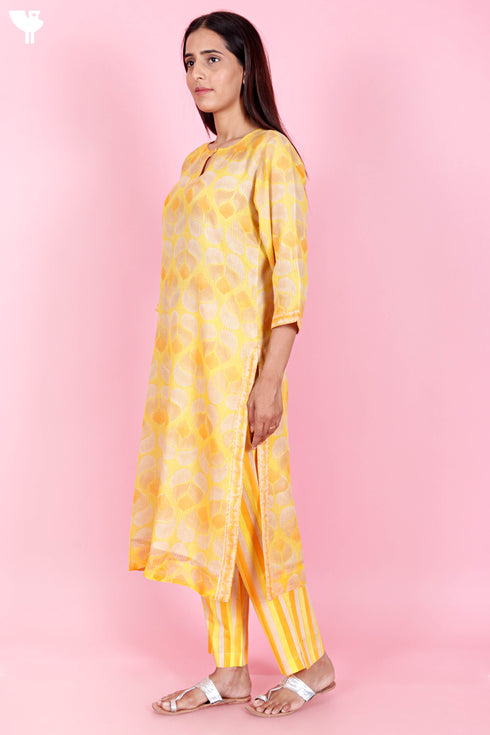 Kota Doria Kurta Pant Set With Dupatta In Block Print