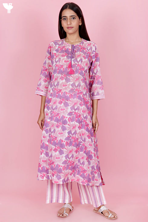 Mulmul Cotton Kurta Pant And Dupatta Set In Block Print