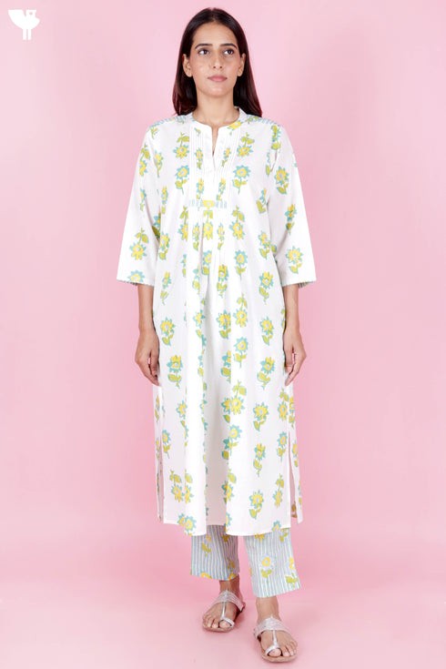 Cambric Cotton Kurta And Pant Set In Block Print