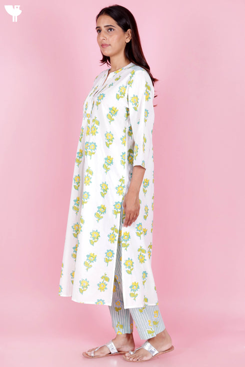 Cambric Cotton Kurta And Pant Set In Block Print