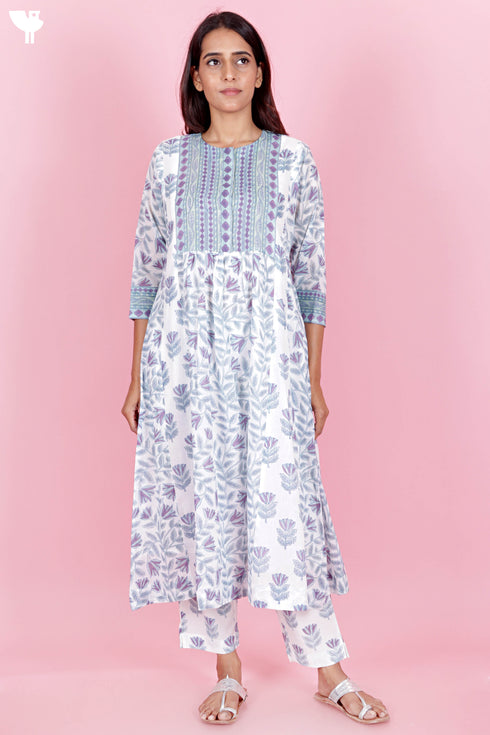Mulmul Cotton Kurta Pant And Dupatta Set In Block Print