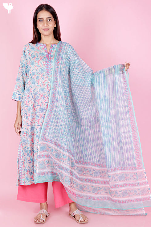Mulmul Cotton Kurta Pant Set With Dupatta In Block Print