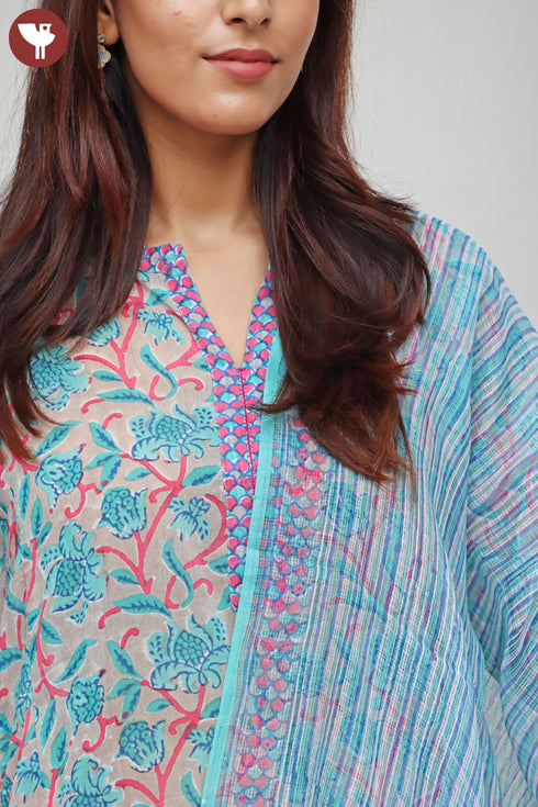 Mulmul Cotton Kurta Pant Set With Dupatta In Block Print