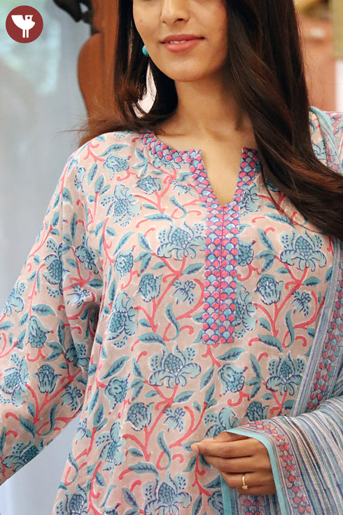 Mulmul Cotton Kurta Pant Set With Dupatta In Block Print