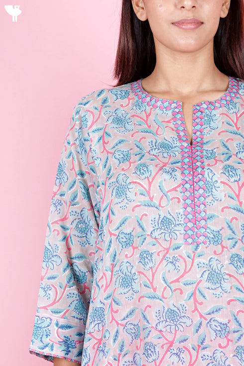 Mulmul Cotton Kurta Pant Set With Dupatta In Block Print