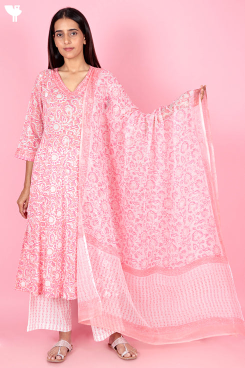 Cotton Kurta Pant Set With Dupatta In Block Print