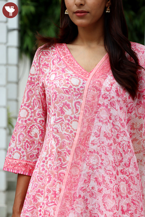 Cotton Kurta Pant Set With Dupatta In Block Print