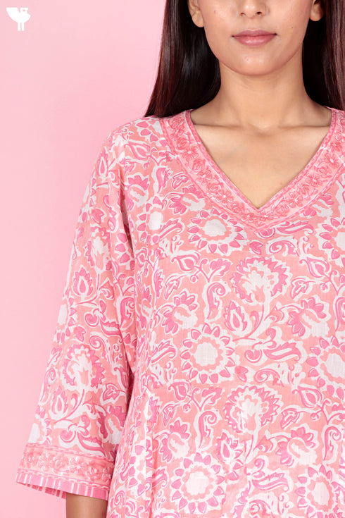 Cotton Kurta Pant Set With Dupatta In Block Print