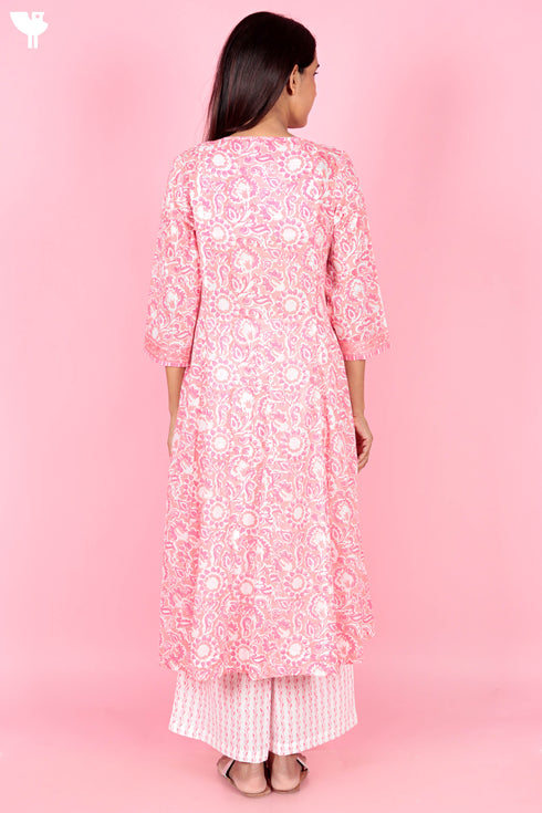 Cotton Kurta Pant Set With Dupatta In Block Print