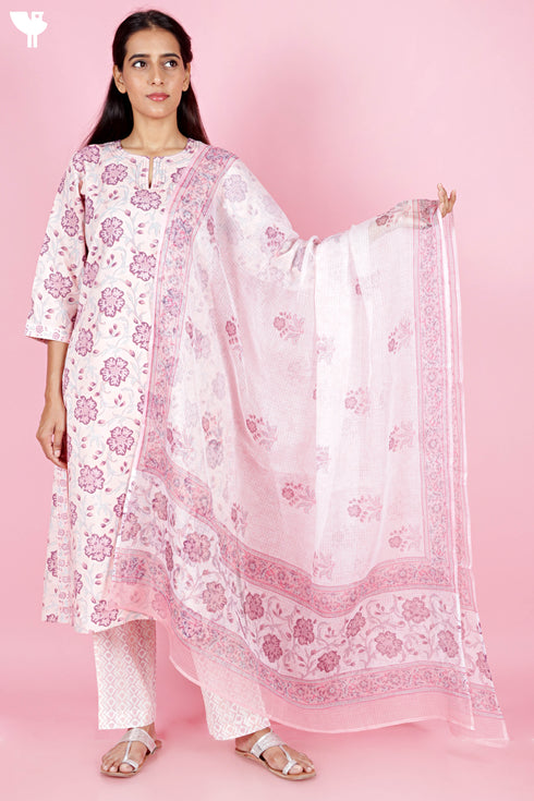 Bizzy Lizzy Kurta Pant Set With Kota Dupatta In Block Print
