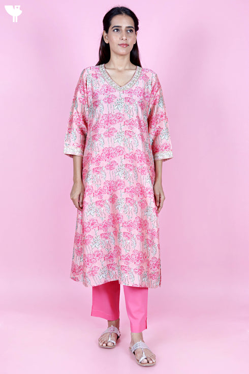 Chanderi Silk Kurta Pant and Dupatta Set In Block Print