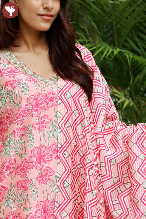 Chanderi Silk Kurta Pant and Dupatta Set In Block Print