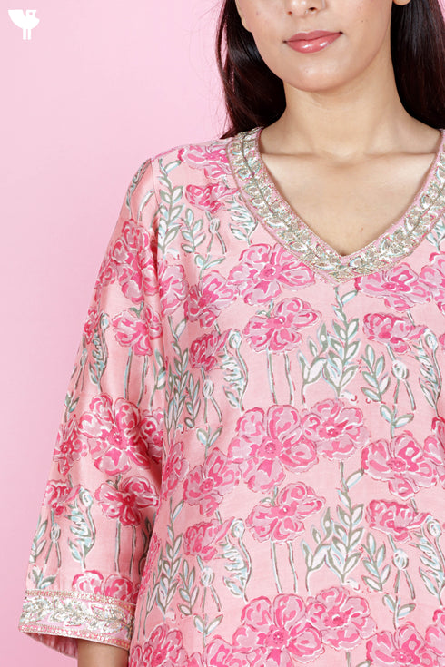 Chanderi Silk Kurta Pant and Dupatta Set In Block Print