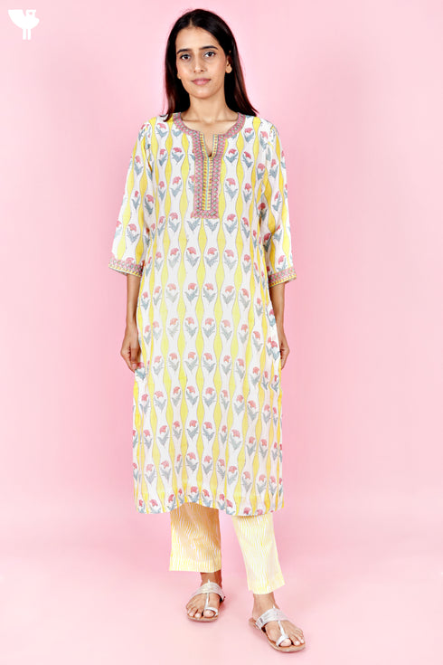 Chanderi Silk Kurta Pant And Dupatta Set In Block Print