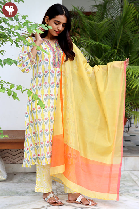 Chanderi Silk Kurta Pant And Dupatta Set In Block Print