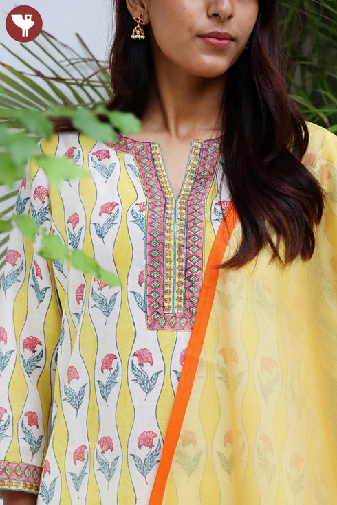Chanderi Silk Kurta Pant And Dupatta Set In Block Print