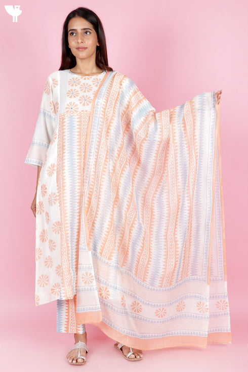 Chanderi Silk Kurta Pant Set With Dupatta Block Print