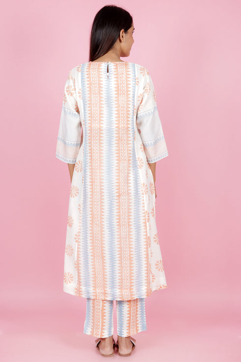 Chanderi Silk Kurta Pant Set With Dupatta Block Print