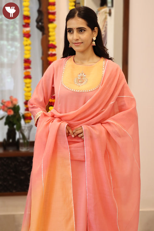 Chanderi Silk Kurta Pant Set With Dupatta Gota Patti