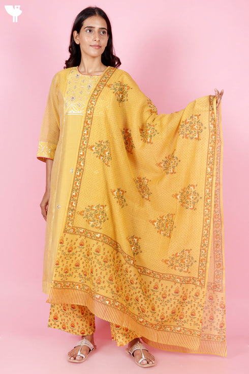Chanderi Silk Kurta Pant And Dupatta Set With Block Print