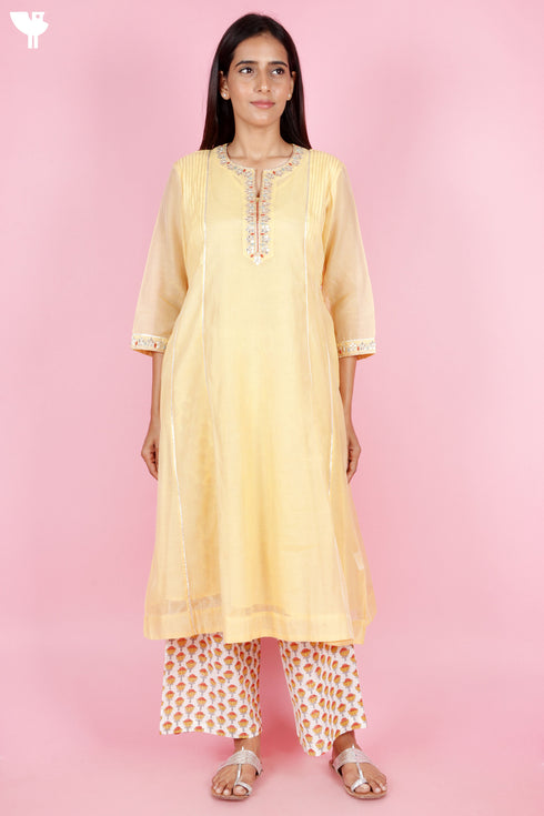 Chanderi Silk Kurta Pant Set With Dupatta Block Print