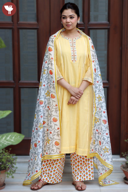 Chanderi Silk Kurta Pant Set With Dupatta Block Print