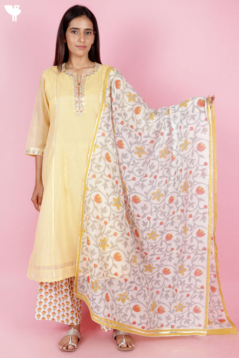 Chanderi Silk Kurta Pant Set With Dupatta Block Print