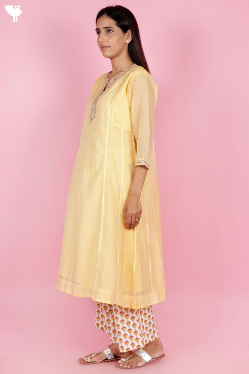 Chanderi Silk Kurta Pant Set With Dupatta Block Print