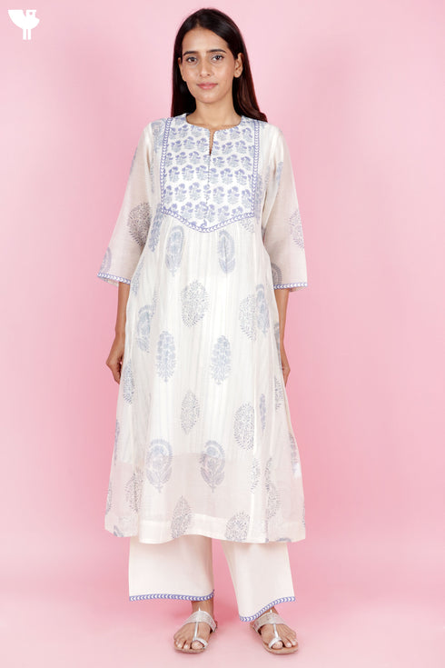 Chanderi SilkKurta Pant Set With Dupatta Block Print