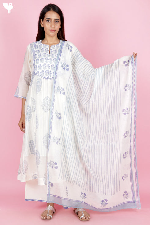 Chanderi SilkKurta Pant Set With Dupatta Block Print