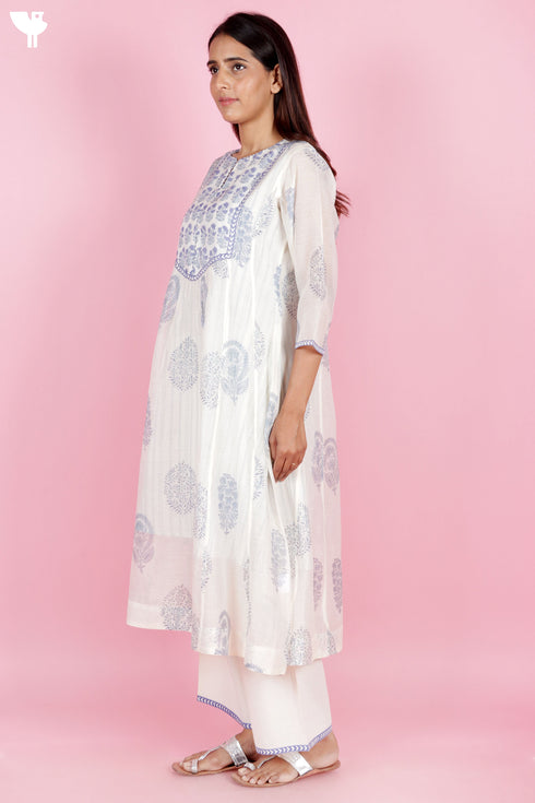 Chanderi SilkKurta Pant Set With Dupatta Block Print